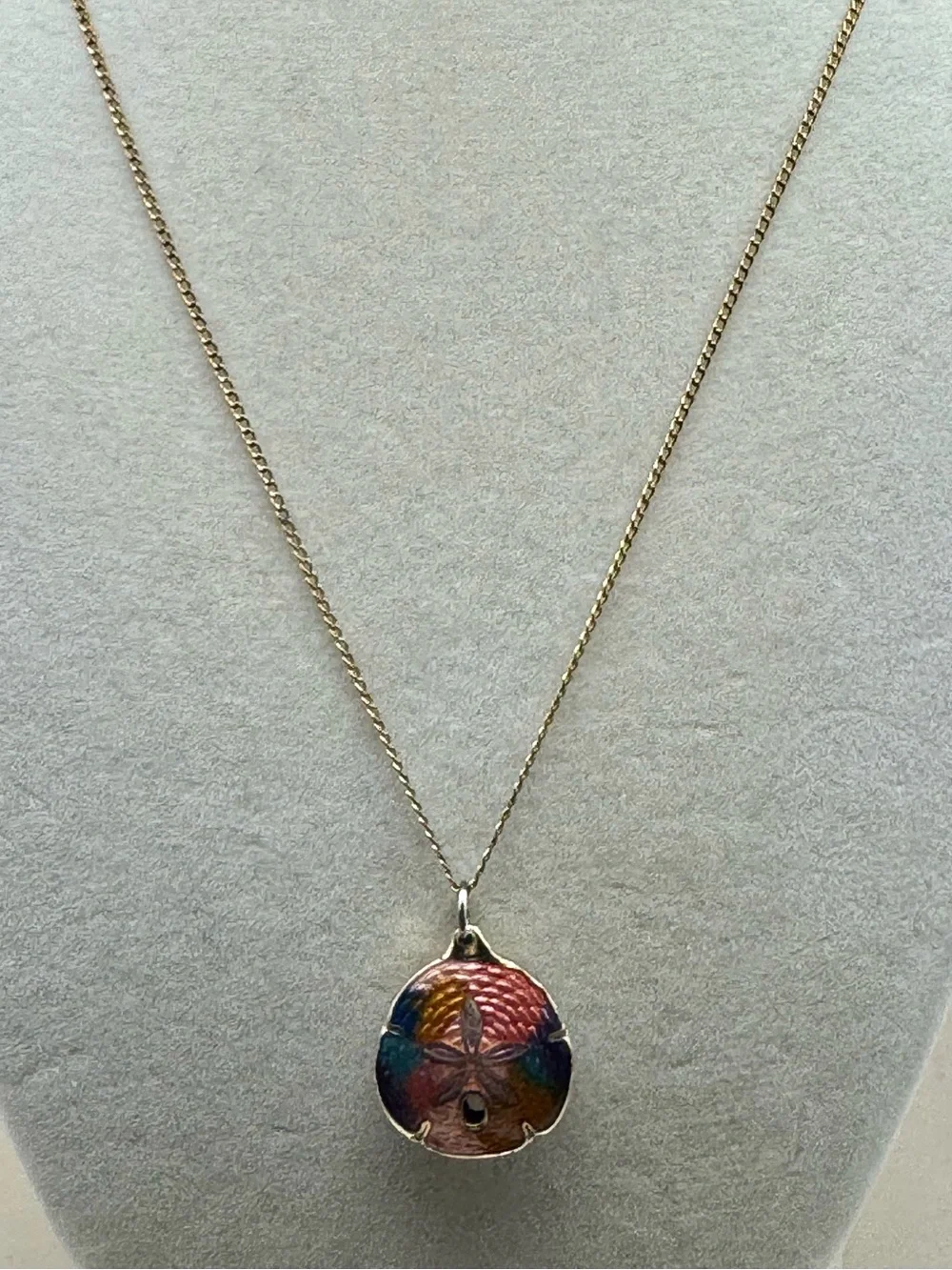 Vintage Cloisanne’ Multicolor Enamel Sand Dollar Pendant Necklace - Gold Tone